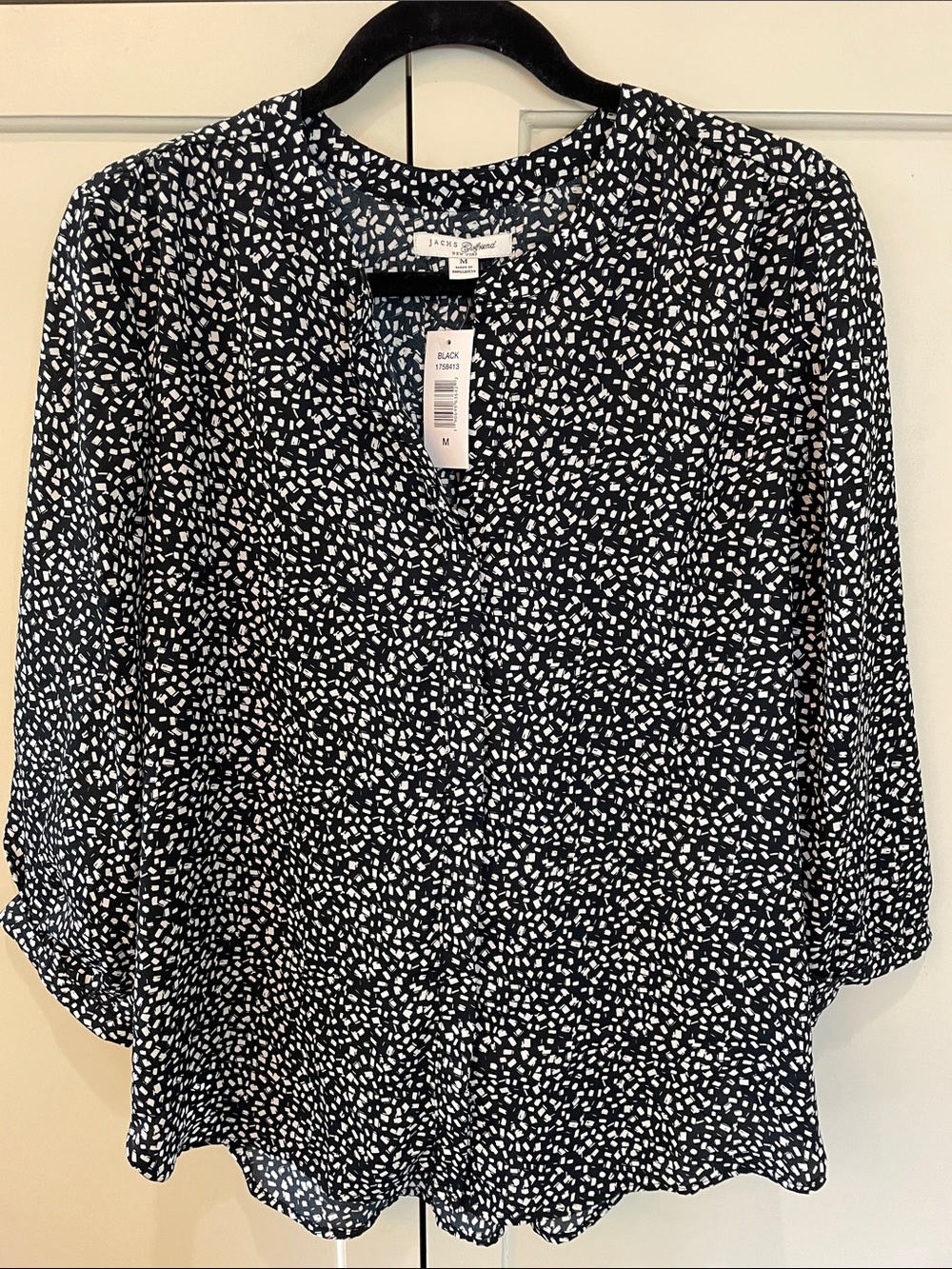 JACHS Girlfriend Black and White Speckle Button-Front 3/4 Sleeve Blouse, Size M